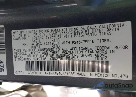 2015 Toyota Tacoma Prerunner V6 z USA, uszkodzony, nr VIN 3TMKU4HN5FM042710